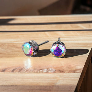 Stainless Steel Iridescent 6 Prong Stud Earrings - White Multi